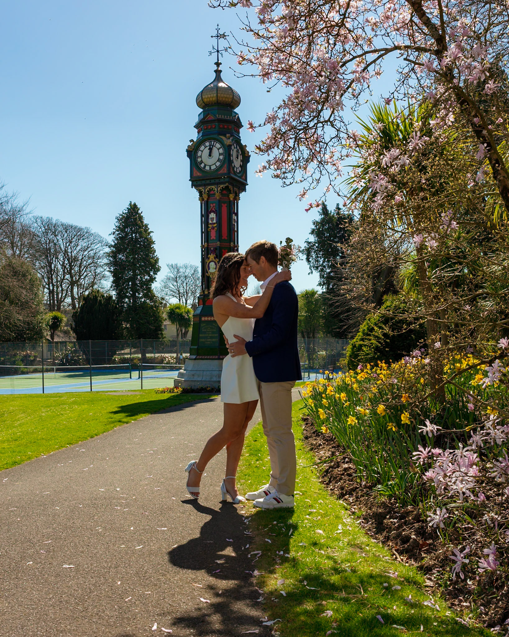 Richard and Emily's beautiful spring wedding took place on the 7th April the Wedding took place at County Hall Dorchester photos taken in the nearby Borough Gardens with coffee and Cake at Finca Poundbury