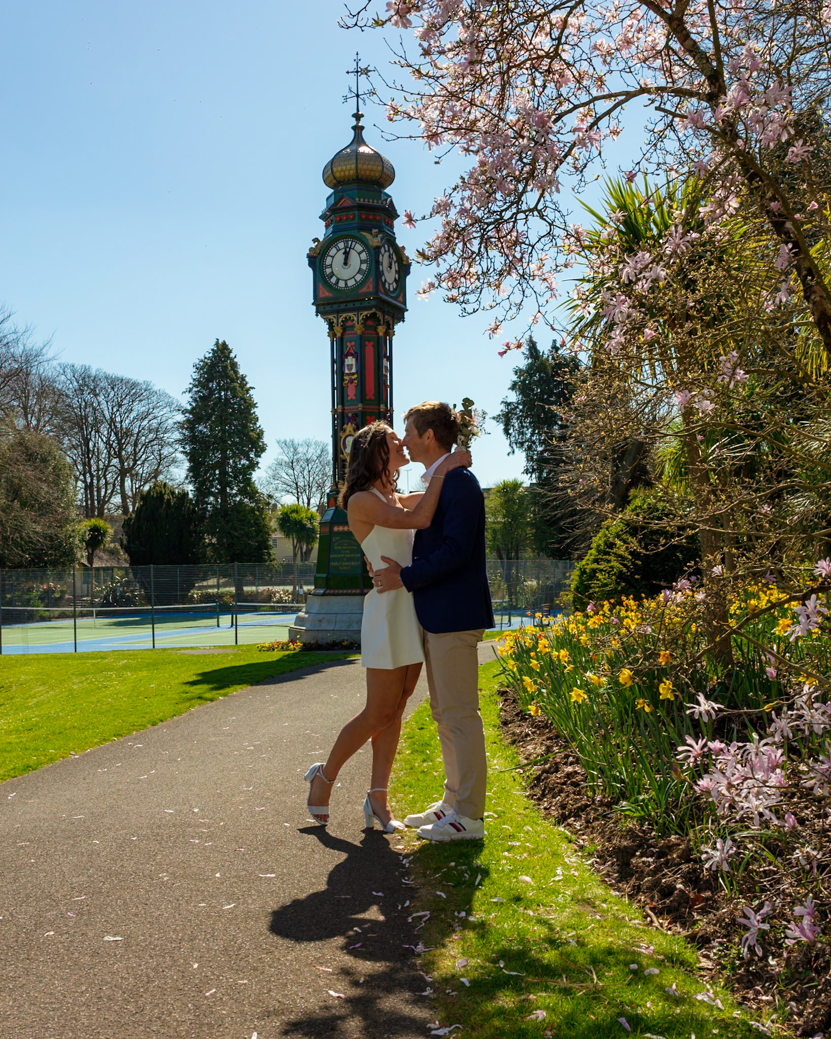 Richard and Emily's beautiful spring wedding took place on the 7th April the Wedding took place at County Hall Dorchester photos taken in the nearby Borough Gardens with coffee and Cake at Finca Poundbury