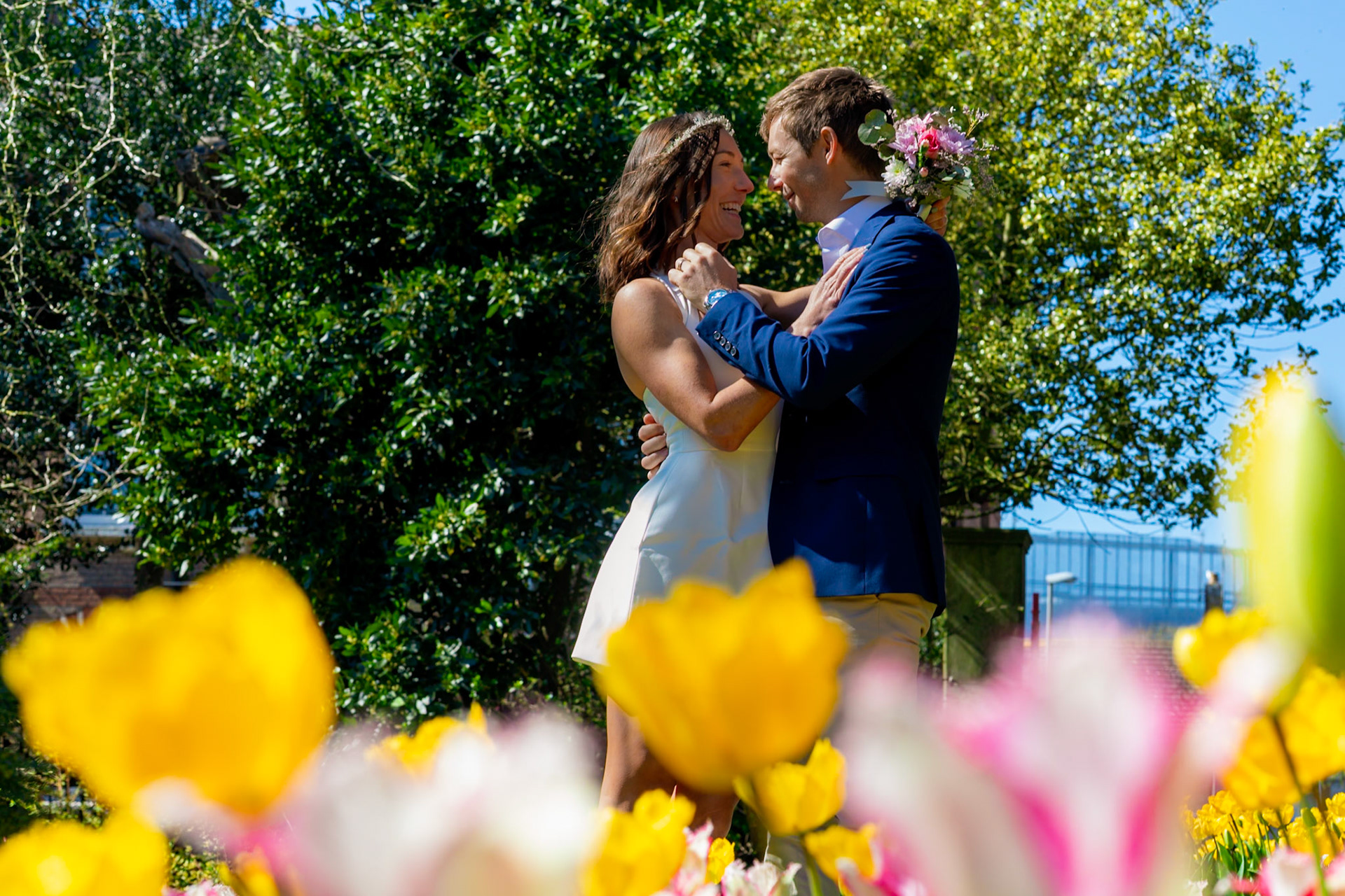 Richard and Emily's beautiful spring wedding took place on the 7th April the Wedding took place at County Hall Dorchester photos taken in the nearby Borough Gardens with coffee and Cake at Finca Poundbury
