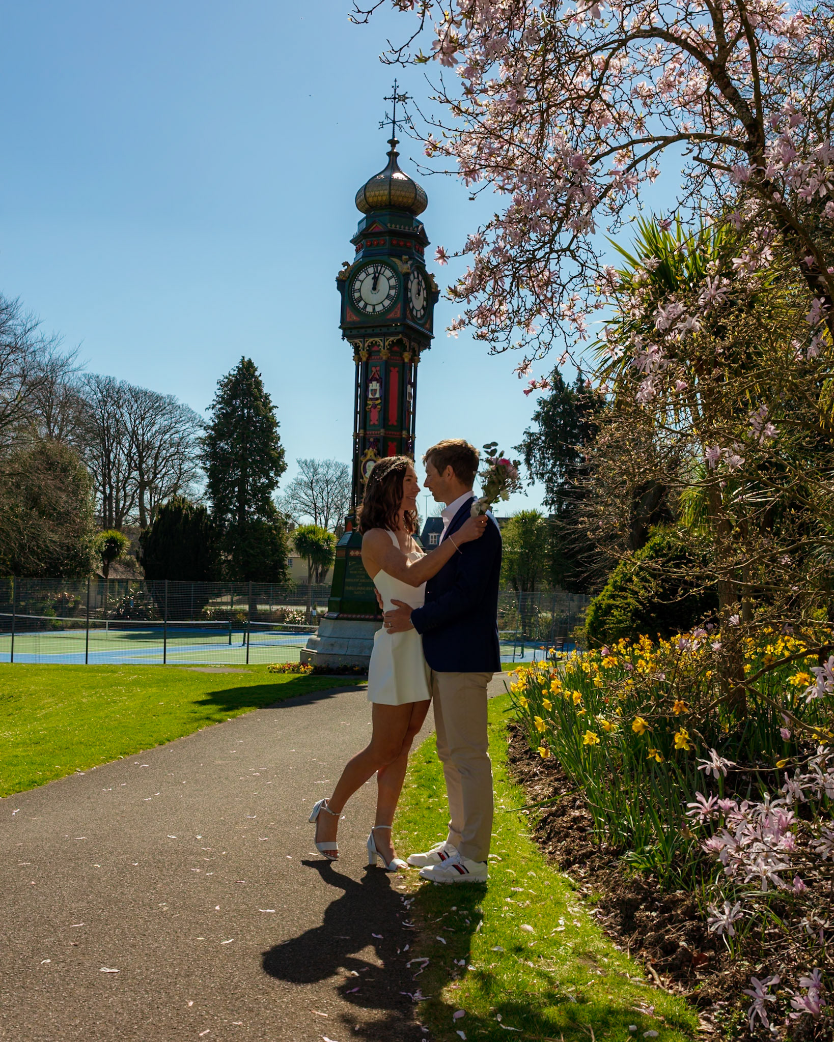 Richard and Emily's beautiful spring wedding took place on the 7th April the Wedding took place at County Hall Dorchester photos taken in the nearby Borough Gardens with coffee and Cake at Finca Poundbury