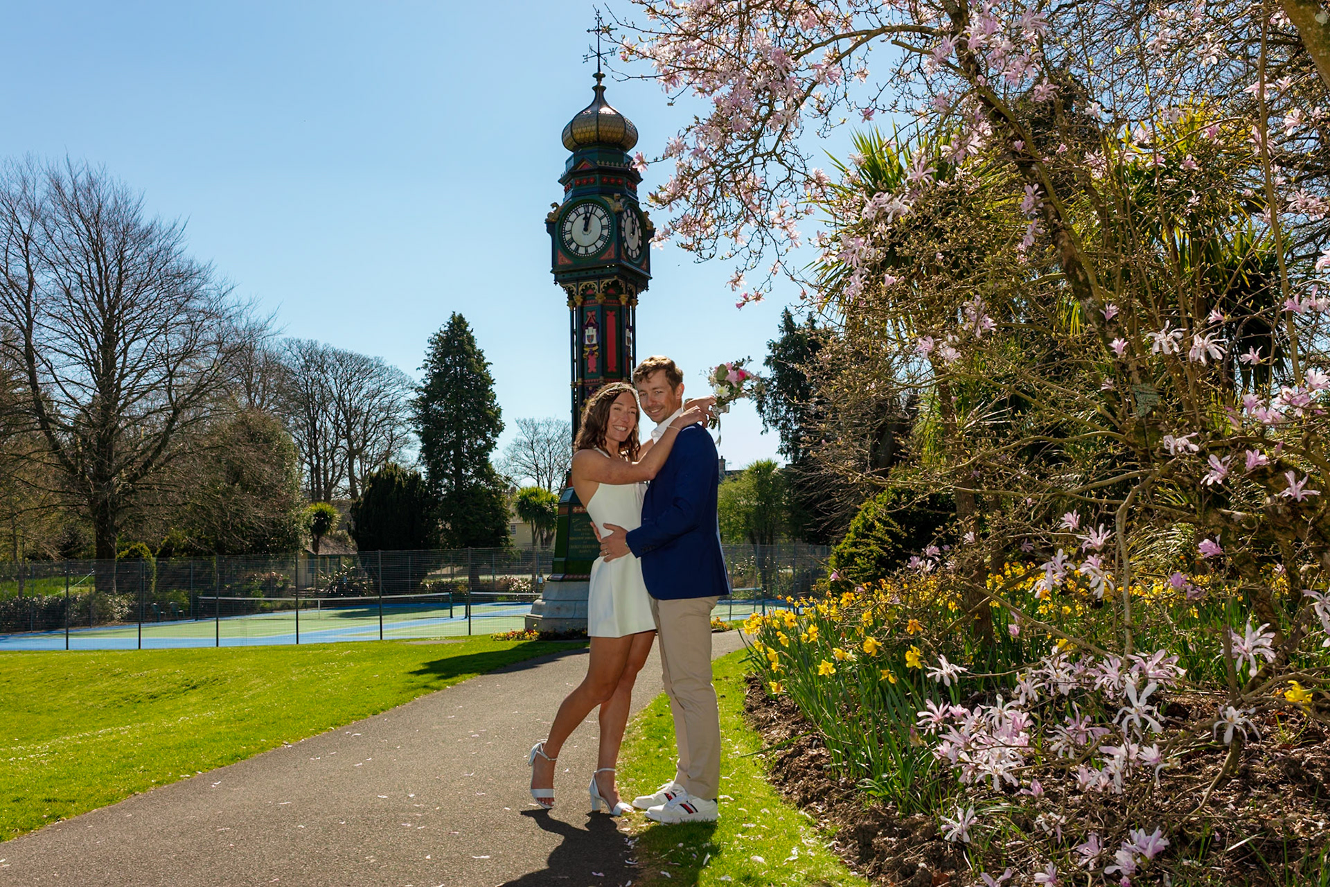 Richard and Emily's beautiful spring wedding took place on the 7th April the Wedding took place at County Hall Dorchester photos taken in the nearby Borough Gardens with coffee and Cake at Finca Poundbury