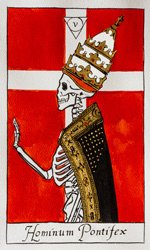 Tarot card from the Strigarum Arcana deck. Hominum Pontifex represents dogma and control.
