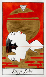Tarot card from the Strigarum Arcana deck. Striga Solis represents clarity and vitality.