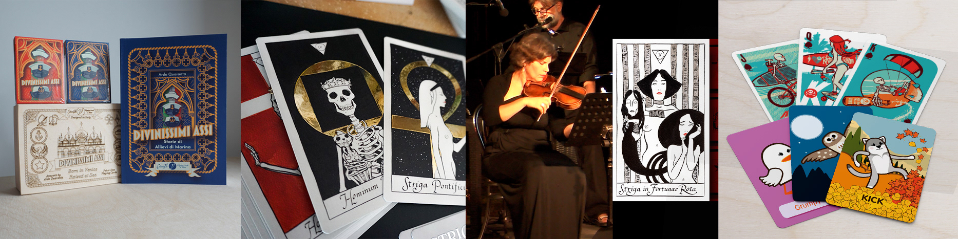 Collage showing CalamoVe projects: Divinissimi Assi, Strigarum Arcana, 11 Preludi concert, and Learn with Mummy decks — Italian design studio blending art, music, and illustration.