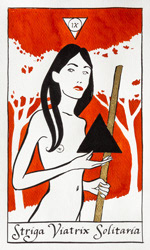 Tarot card from the Strigarum Arcana deck. Striga Viatrix Solitaria represents search and solitude.