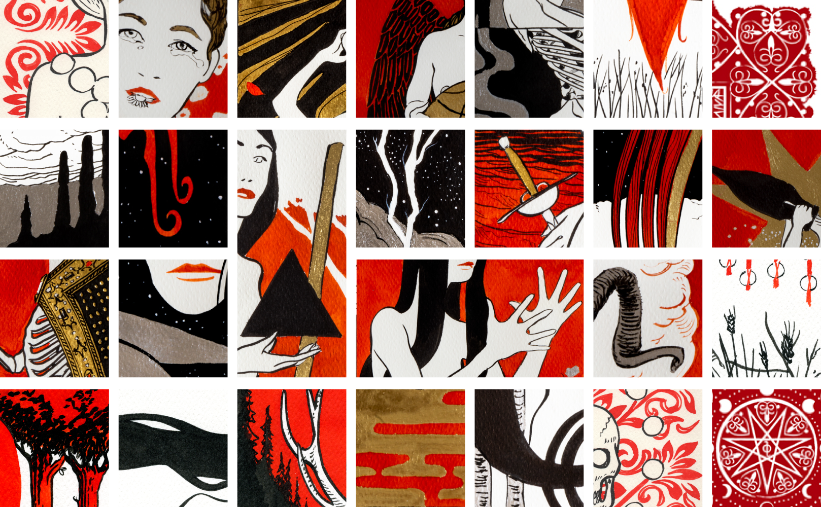 Detail collage from the Strigarum Arcana tarot deck, showing fragments of figures, symbols, and textures from the Major and Minor Arcana.