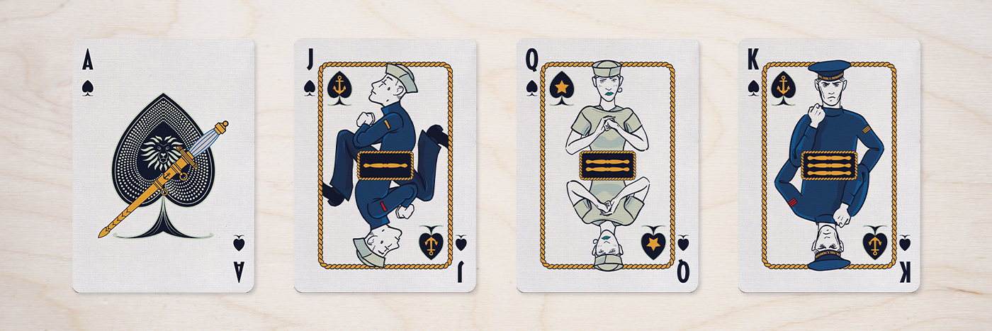 The Spades suit from Divinissimi Assi — Ace, Jack, Queen, and King representing the cadet’s challenges and hierarchy.