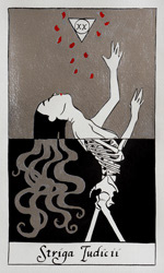 Tarot card from the Strigarum Arcana deck. Striga Iudicii represents judgment and awakening.