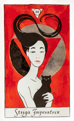 Tarot card from the Strigarum Arcana deck. Striga Imperatrix represents creation and intelligence.
