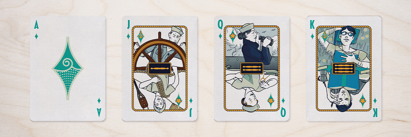 The Diamonds suit from Divinissimi Assi — Ace, Jack, Queen, and King inspired by summer voyages and life at sea.