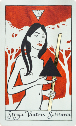 Striga Viatrix Solitaria (The Hermit) tarot card from Strigarum Arcana by Ardo Quaranta, depicting a solitary witch walking uphill, holding a golden staff and a suspended dark prism, with a forest behind her.