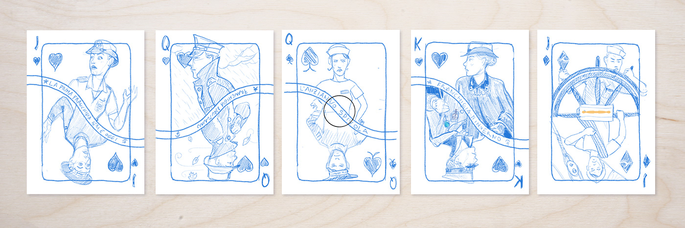 Original blue pencil sketches for Divinissimi Assi card illustrations by Ardo Quaranta — early design studies.