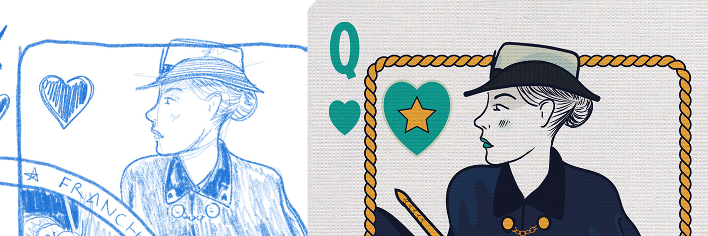 Sketch and final printed version of the Queen of Hearts card from Divinissimi Assi — design process by CalamoVe.