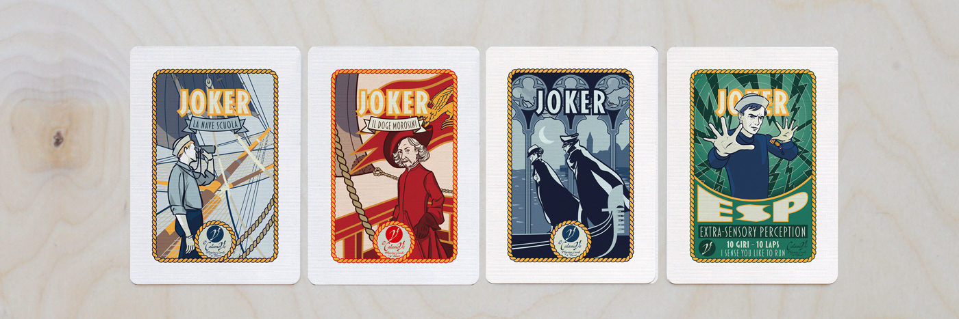 Four Jokers from Divinissimi Assi deck — the training ship, Doge Morosini, Venice, and the Miracles of Sant’Elena, including two special green-back editions.