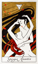 Tarot card from the Strigarum Arcana deck. Strigae Amantes represents choice and union.