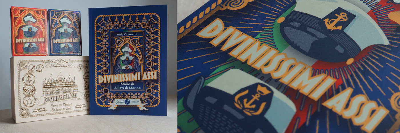 Collage showing the Divinissimi Assi collector’s set with wooden box, blue and red decks, and booklet on the left; on the right, a close-up of the blue tuck box with the project title framed by a male and a female naval cadet cap — Italian-designed playing cards by CalamoVe.