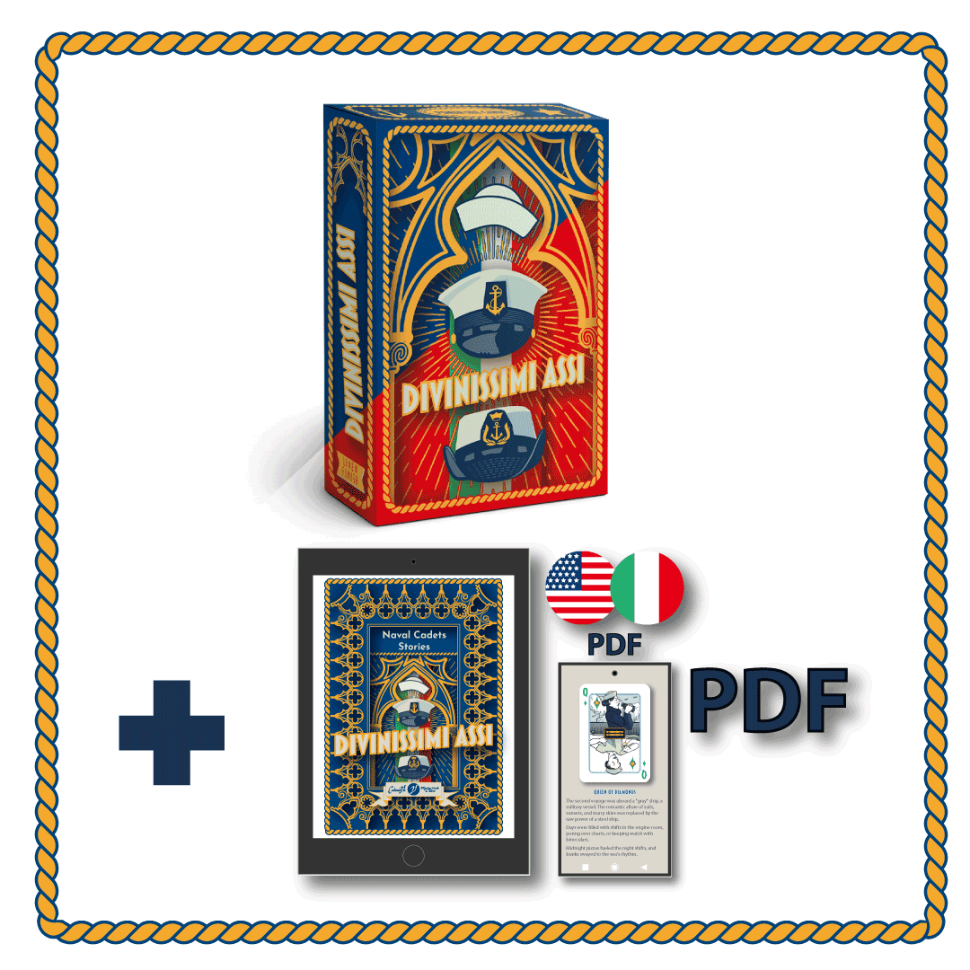 Single Divinissimi Assi deck displayed beside the digital PDF version of the booklet — Italian-designed collectible playing cards by CalamoVe.