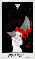 Tarot card from the Strigarum Arcana deck. Striga Lunae represents intuition and shadow.