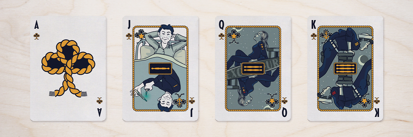 The Clubs suit from Divinissimi Assi — Ace, Jack, Queen, and King celebrating the art of sneaking out and playful mischief.