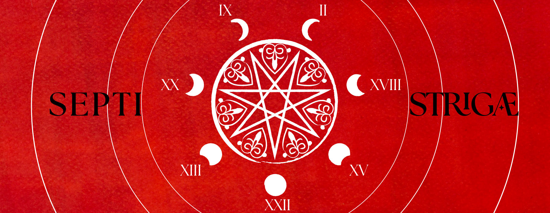 Septi Strigae symbol from Strigarum Arcana by Ardo Quaranta, depicting a seven-pointed star surrounded by lunar phases and Roman numerals arranged in a circular composition on a red background.