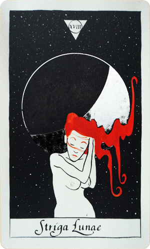 Striga Lunae (The Moon) tarot card from Strigarum Arcana by Ardo Quaranta, depicting a pregnant witch lying on her side with flowing red hair, set beneath a crescent moon..