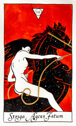 Tarot card from the Strigarum Arcana deck. Striga Agens Fatum represents action and direction.