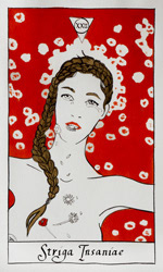 Tarot card from the Strigarum Arcana deck. Striga Insaniae represents chaos and freedom.