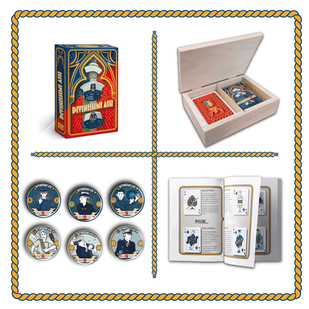 Open engraved wooden box with two Divinissimi Assi decks and the digital PDF version of the booklet displayed beside it — Italian-designed collectible playing cards by CalamoVe.