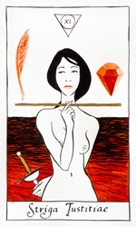 Tarot card from the Strigarum Arcana deck. Striga Iustitiae represents balance and responsibility.
