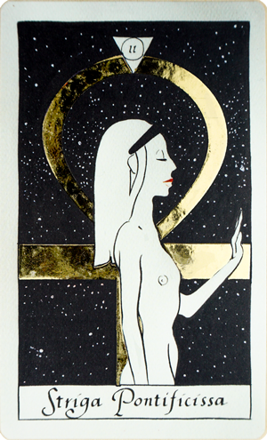 Striga Pontificissa (The High Priestess) tarot card from Strigarum Arcana by Ardo Quaranta, depicting a female figure in profile with her hand raised in a listening gesture, set against symbols including the Ankh and the signs of Isis and Osiris.