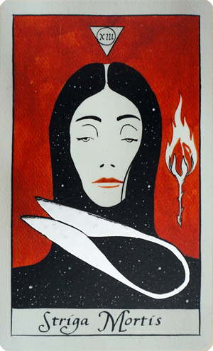 Striga Mortis (Death) tarot card from Strigarum Arcana by Ardo Quaranta, depicting a witch figure emerging behind a pair of cutting shears, with long dark hair blending into a starry night, and a burning rose bud symbolizing transformation.
