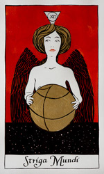 Tarot card from the Strigarum Arcana deck. Striga Mundi represents completion and totality.