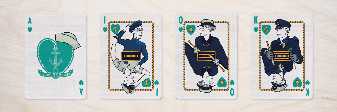 The Hearts suit from Divinissimi Assi — Ace, Jack, Queen, and King symbolizing freedom, friendship, and life ashore.