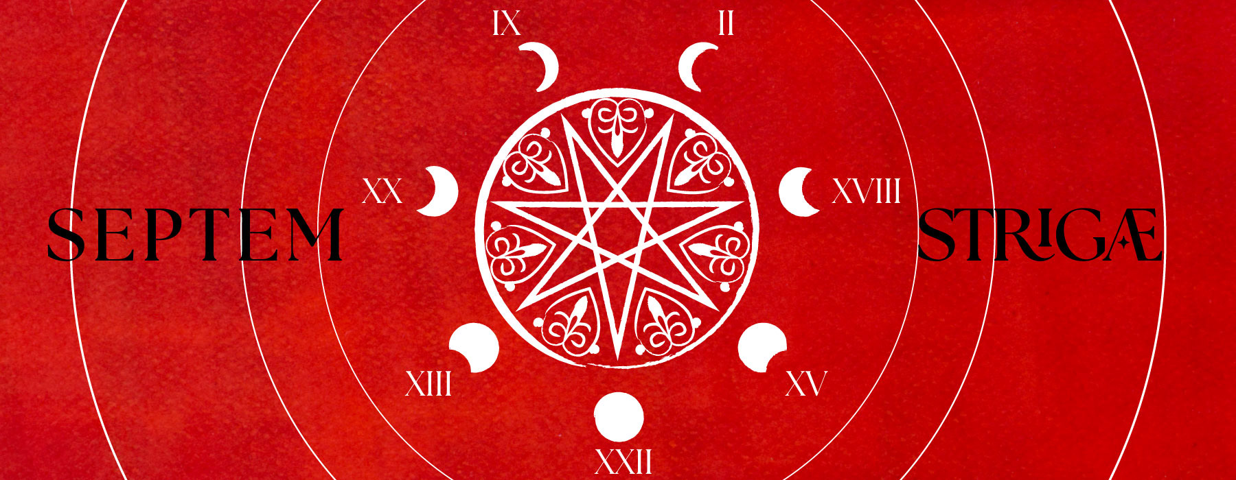 Red Septem Strigae graphic for Strigarum Arcana, with seven lunar phases, Roman numerals of selected Major Arcana, and a central seven-pointed star.