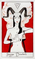 Tarot card from the Strigarum Arcana deck. Striga Diaboli represents deception and instinct.