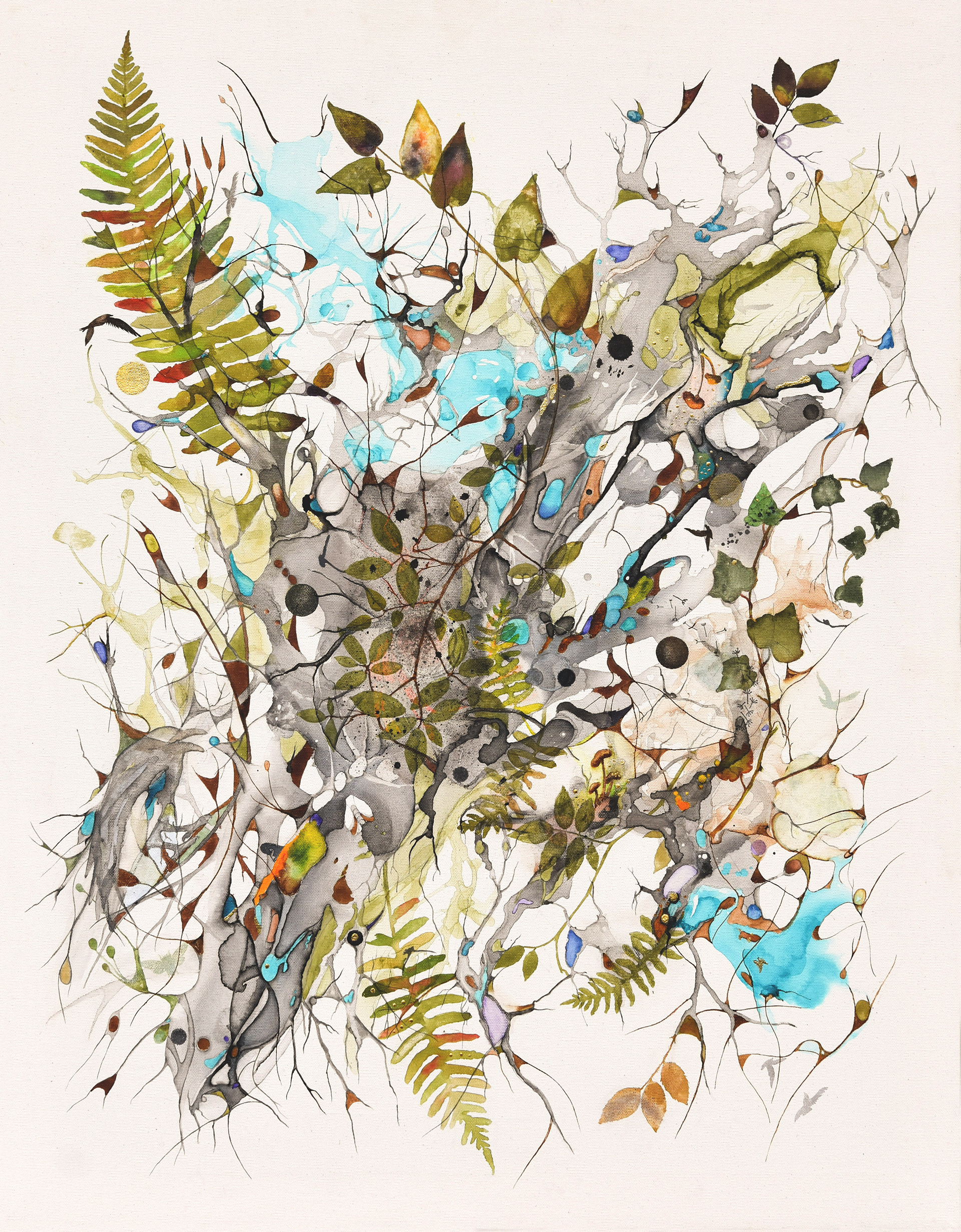 'Life Shoots Through', ink, charcoal, gold leaf on canvas, 70 x 90 cm / 27  x 35 in
