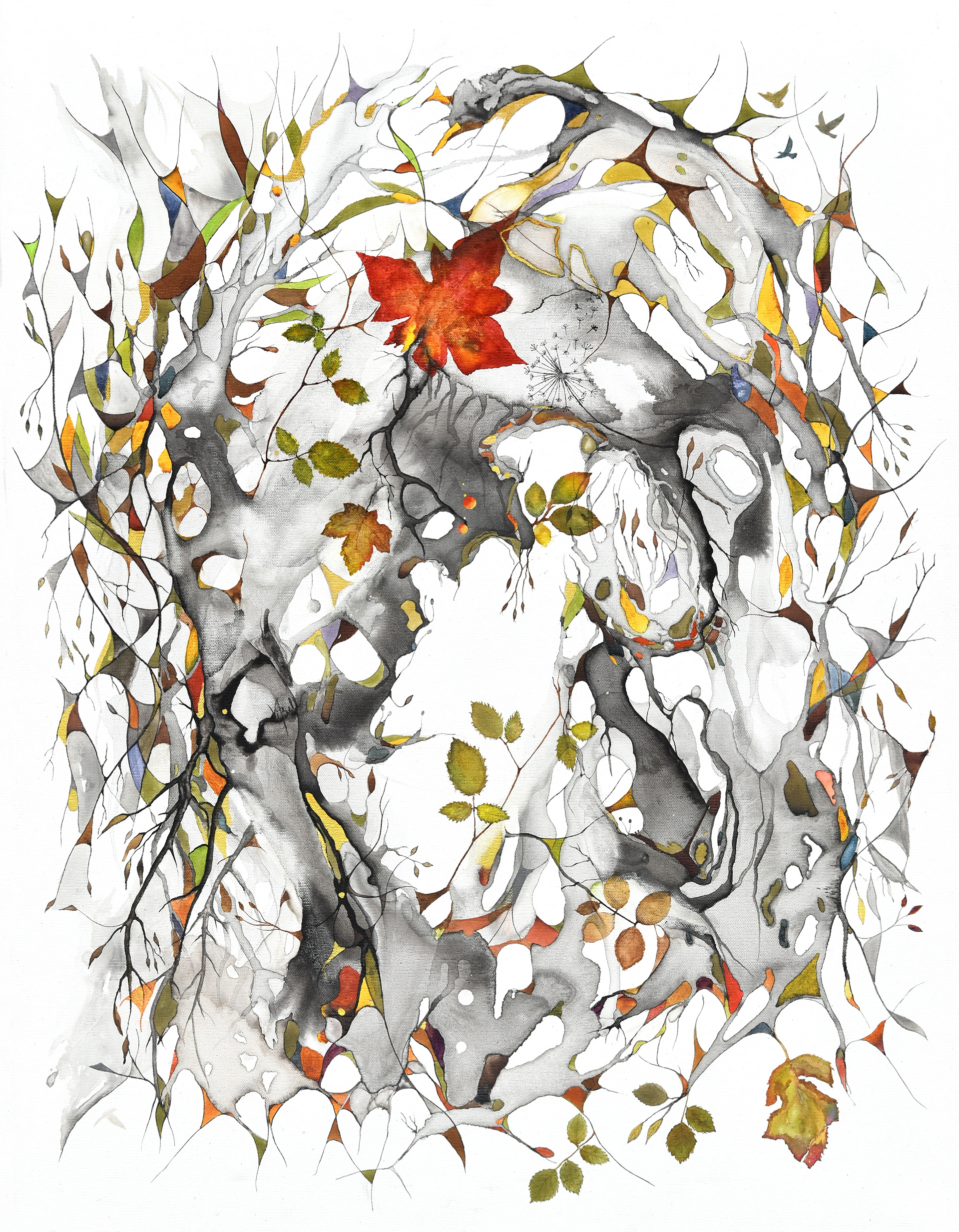 'Ash and Flame', ink & charcoal wash on canvas, 70 x 90 cm / 27  x 35 in