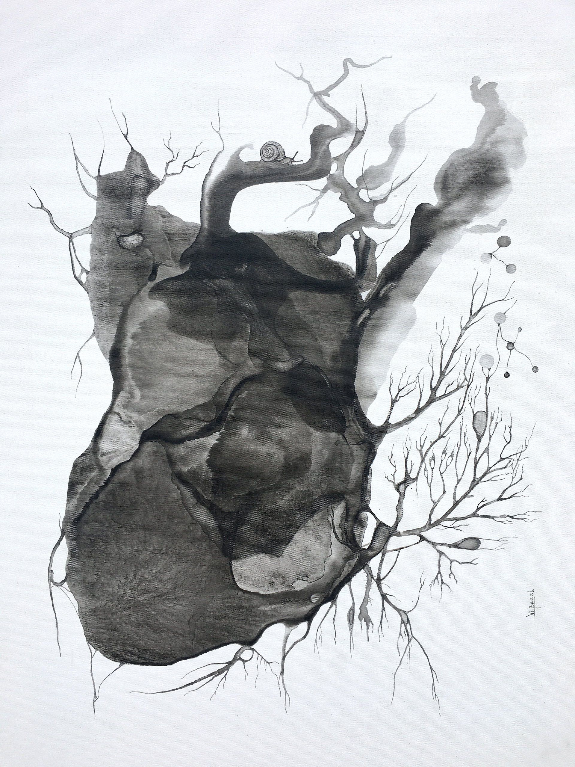 'Vessel', ink and charcoal wash on canvas, 70 x 90 cm / 27 x 35 in