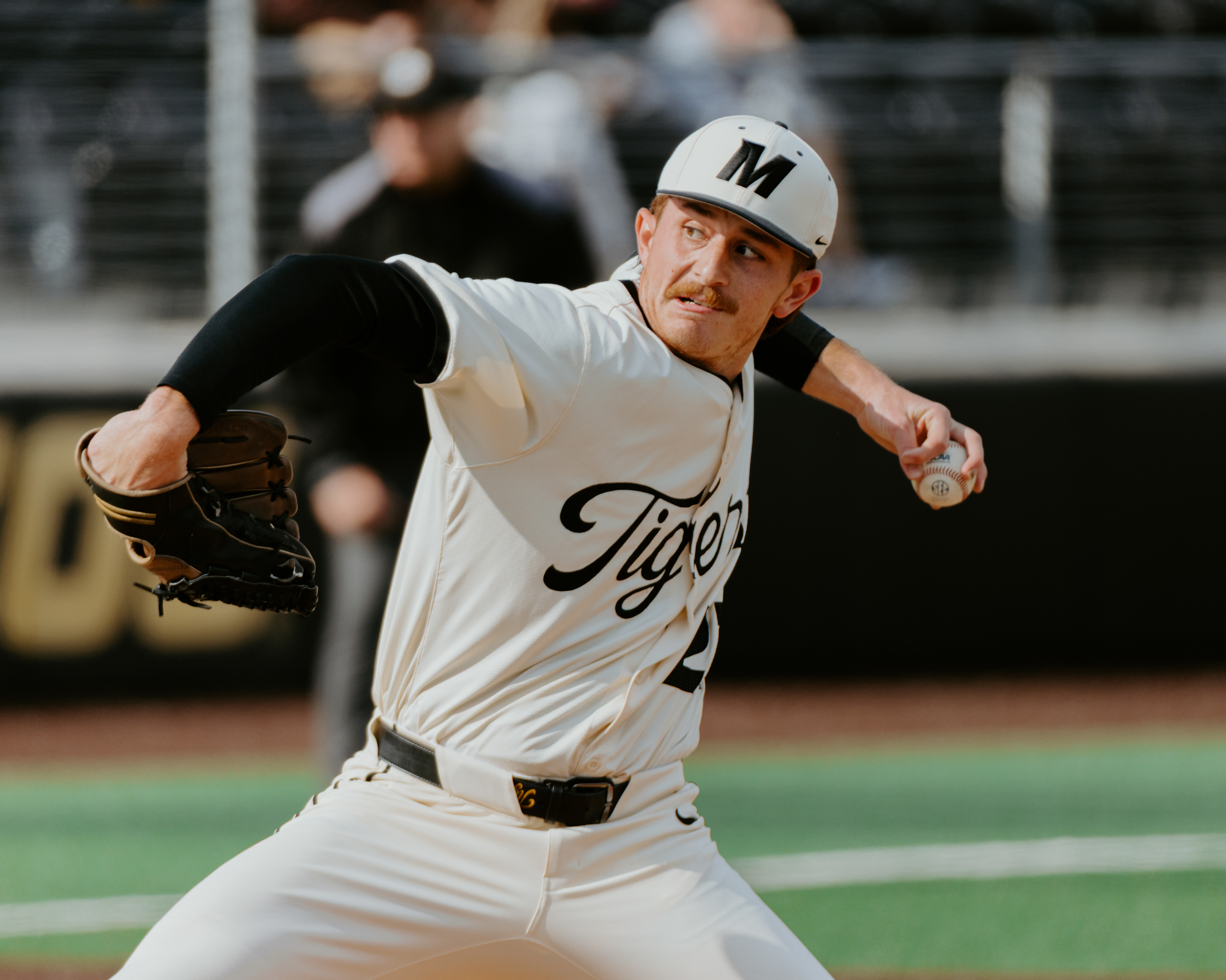 Kadden Drew grips a pitch as he goes through his pitching movement Taylor Stadium on February 28, 2026, in Columbia, Missouri.