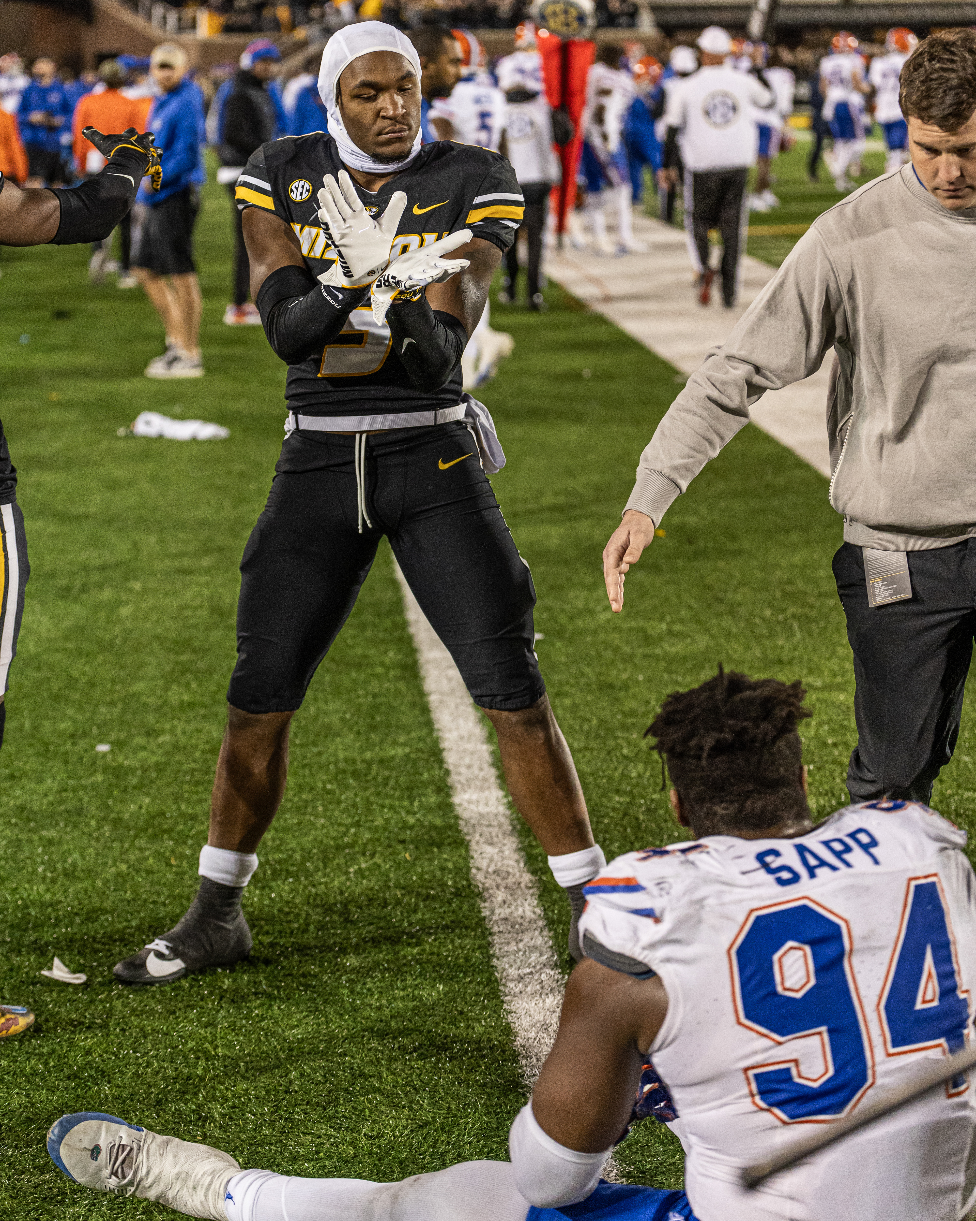 From left, Mizzou wide receiver Luther Burden (3) mockingly does the gator chomp in front of Florida defensive lineman Tyreak Sapp (94) at Memorial Stadium on Nov. 18, 2023, in Columbia, Mo. 