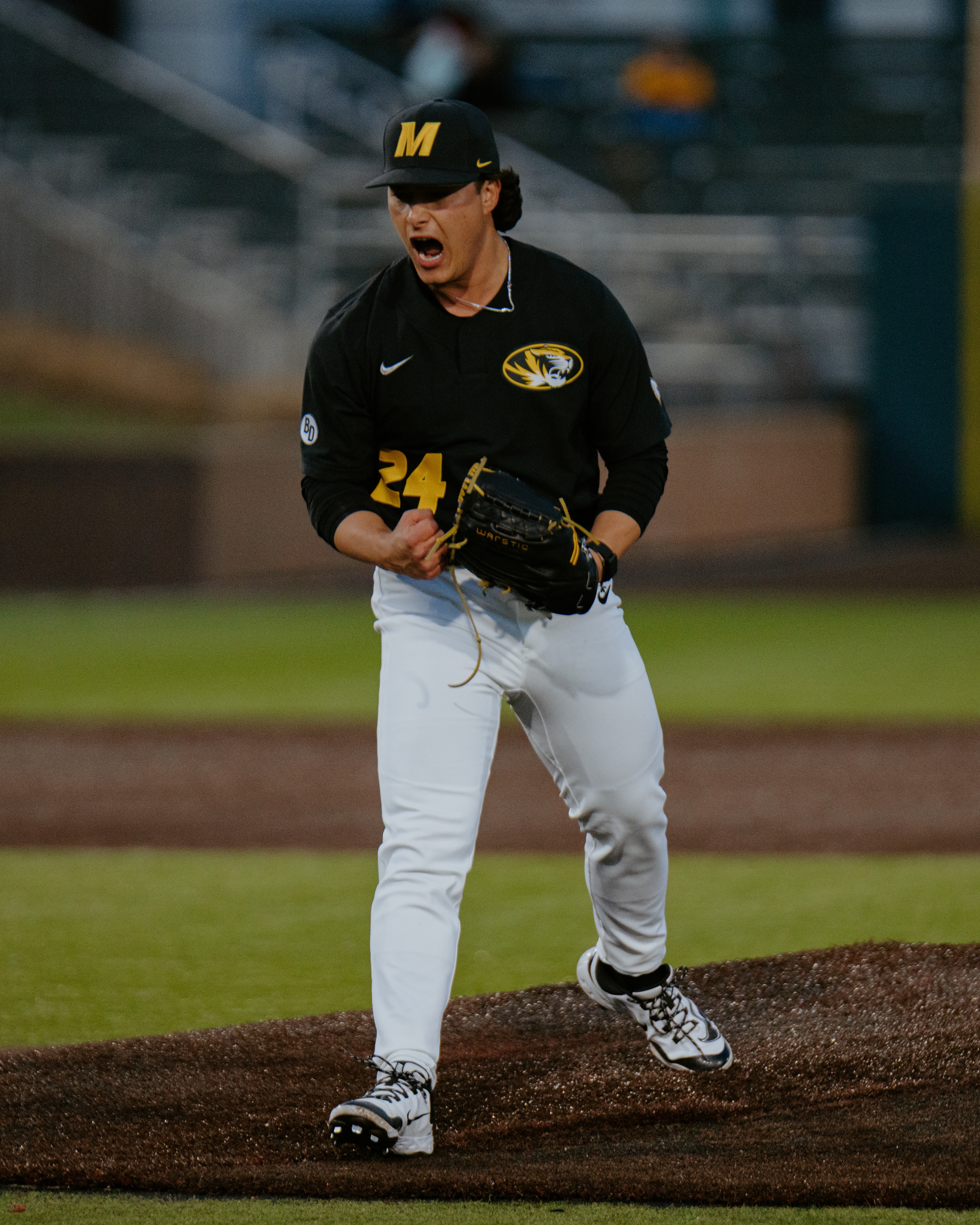 Keyler Gonzalez celebrates after a strikeout at CarShield Field on March 24, 2026, in O’Fallon, Missouri.