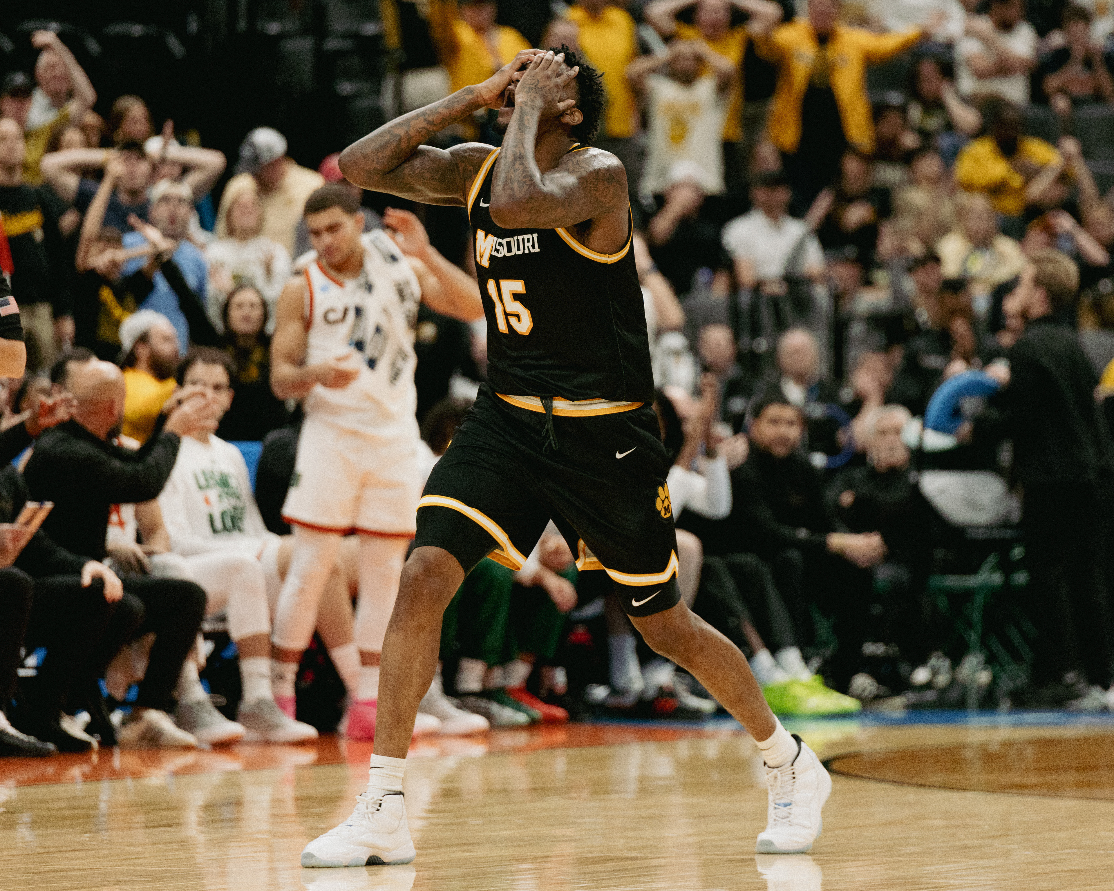Mizzou center Shawn Phillips Jr. (15) runs across the court after a questionable call by a referee Friday at Enterprise Center in St. Louis. The 10th-seeded Tigers saw their season come to a close with an 80-66 loss to seventh-seeded Miami in the first round of the NCAA Tournament. Playing in front of a partisan crowd, MU couldn’t capitalize, falling to the Hurricanes.