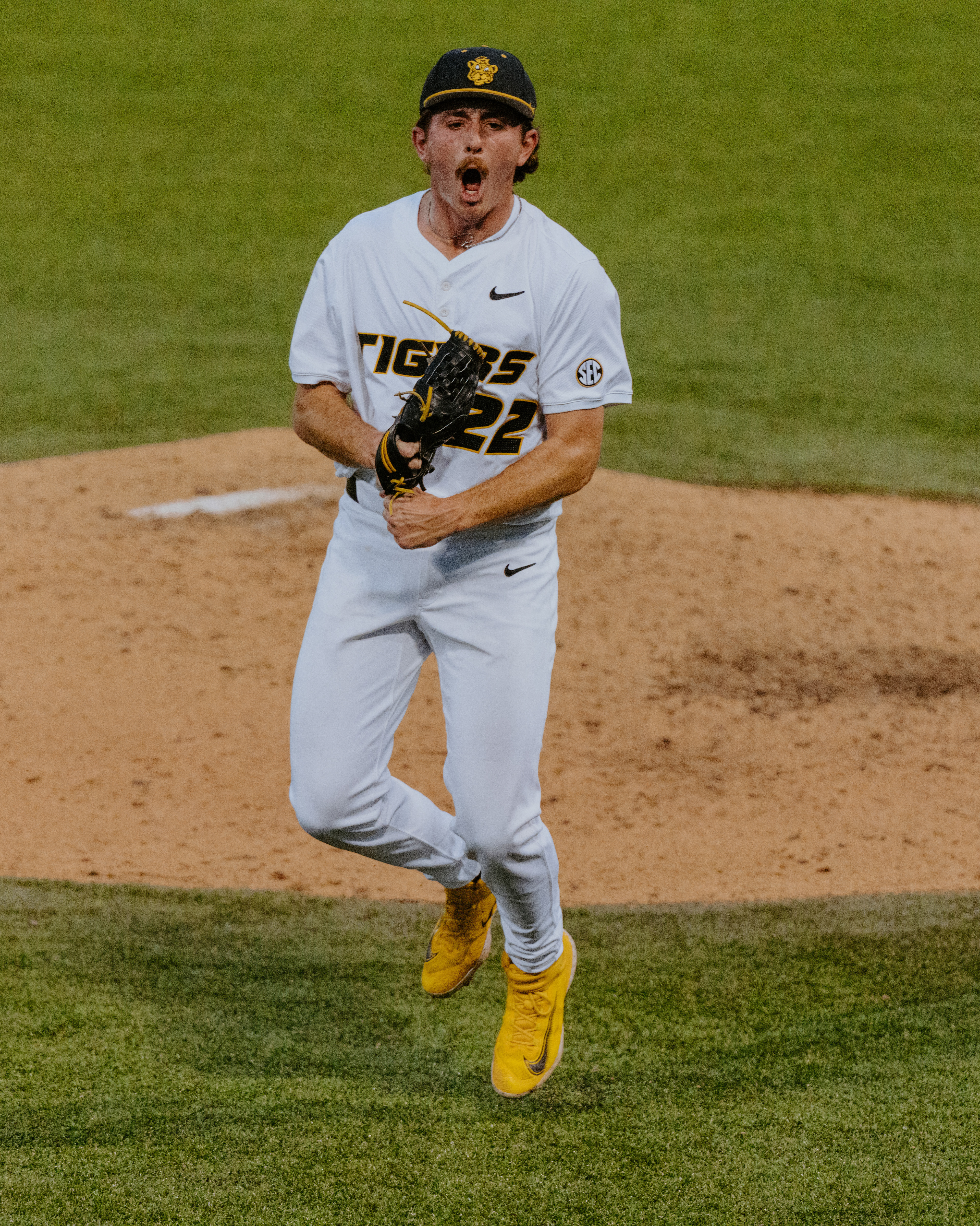 Kadden Drew celebrates after striking out a Kansas Jayhawk looking at Taylor Stadium on March 31, 2026, in Columbia, Missouri.