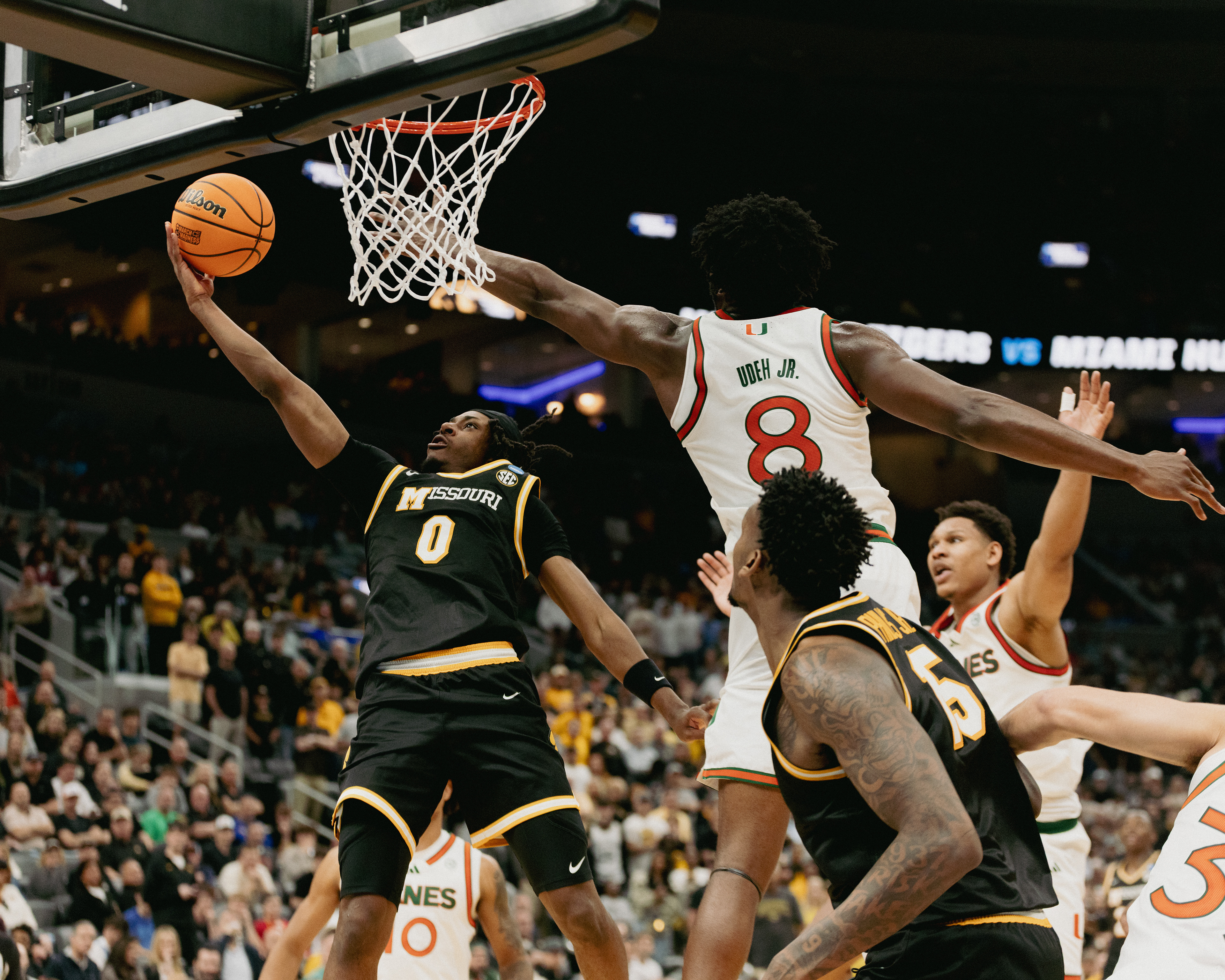 Mizzou junior guard Anthony Robinson (0) (cq) attempts a layup shot on Friday, March 20, 2026, at Enterprise Center in St. Louis, Mo. Robinson had 11 points making three 3-point attempts.