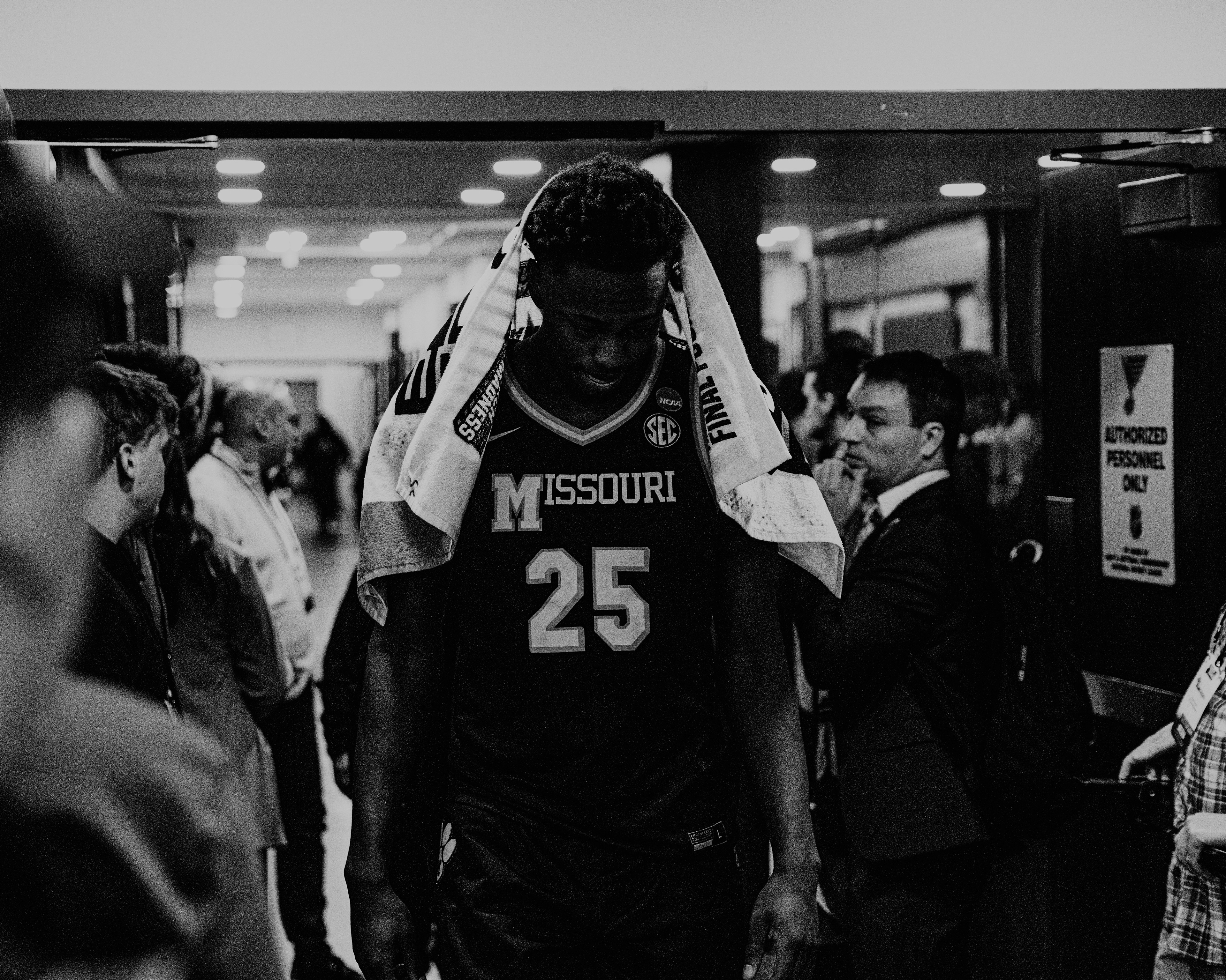 Mizzou forward Mark Mitchell (25) walks out of the locker room after losing his final collegiate basketball game as a Missouri Tiger at the Enterprise Center on March 20, 2026 in Saint Louis, Missouri.