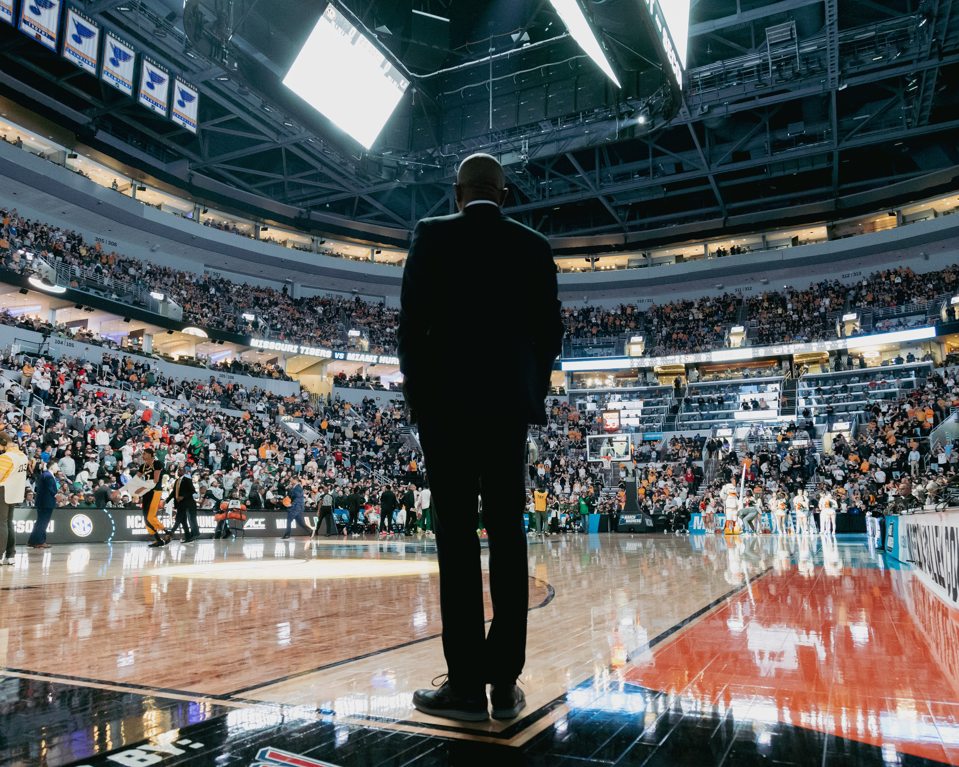 Mizzou coach Dennis Gates stands on the court before the Tigers’ 80-66 loss to Miami on Friday at Enterprise Center in St. Louis. “I want to win a national championship, and I didn’t,” Gates said. “So, for me, that’s a failure.”