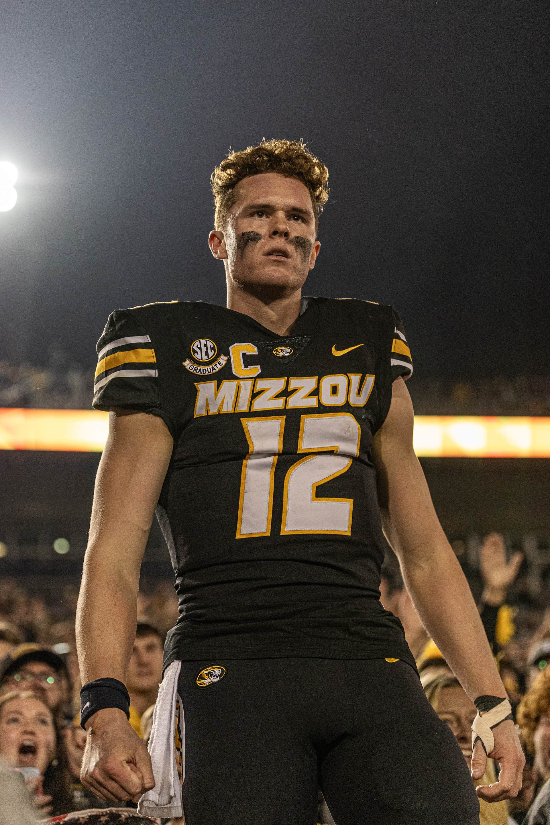 Mizzou quarterback Brady Cook celebrates in front of the student section after beating Florida at Memorial Stadium on Nov. 18, 2023, in Columbia, Mo. 