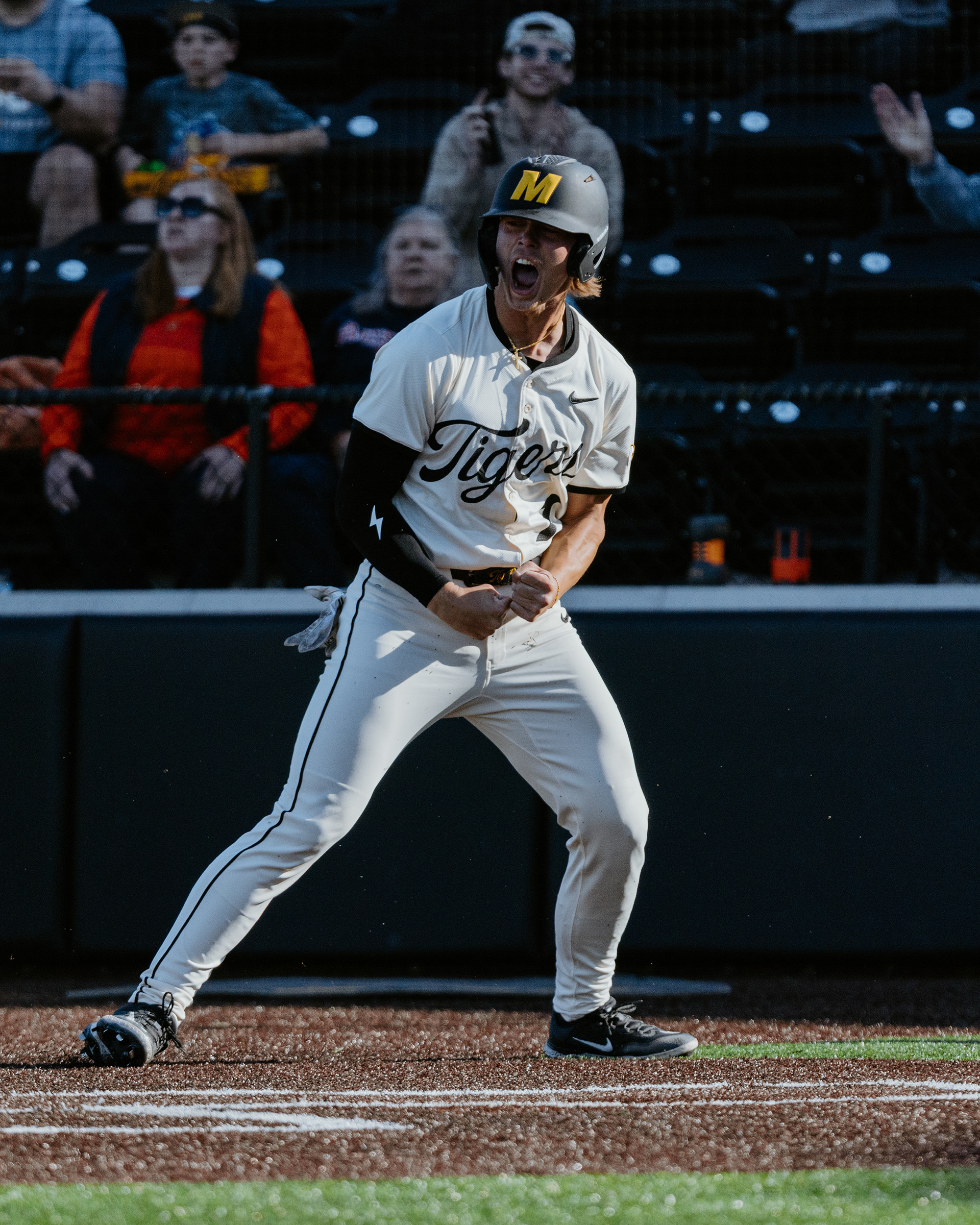 Kaden Peer lets out a roar after scoring the tying run in the eighth inning against No. 6 Auburn at Taylor Stadium on March 14, 2026, in Columbia, Missouri.