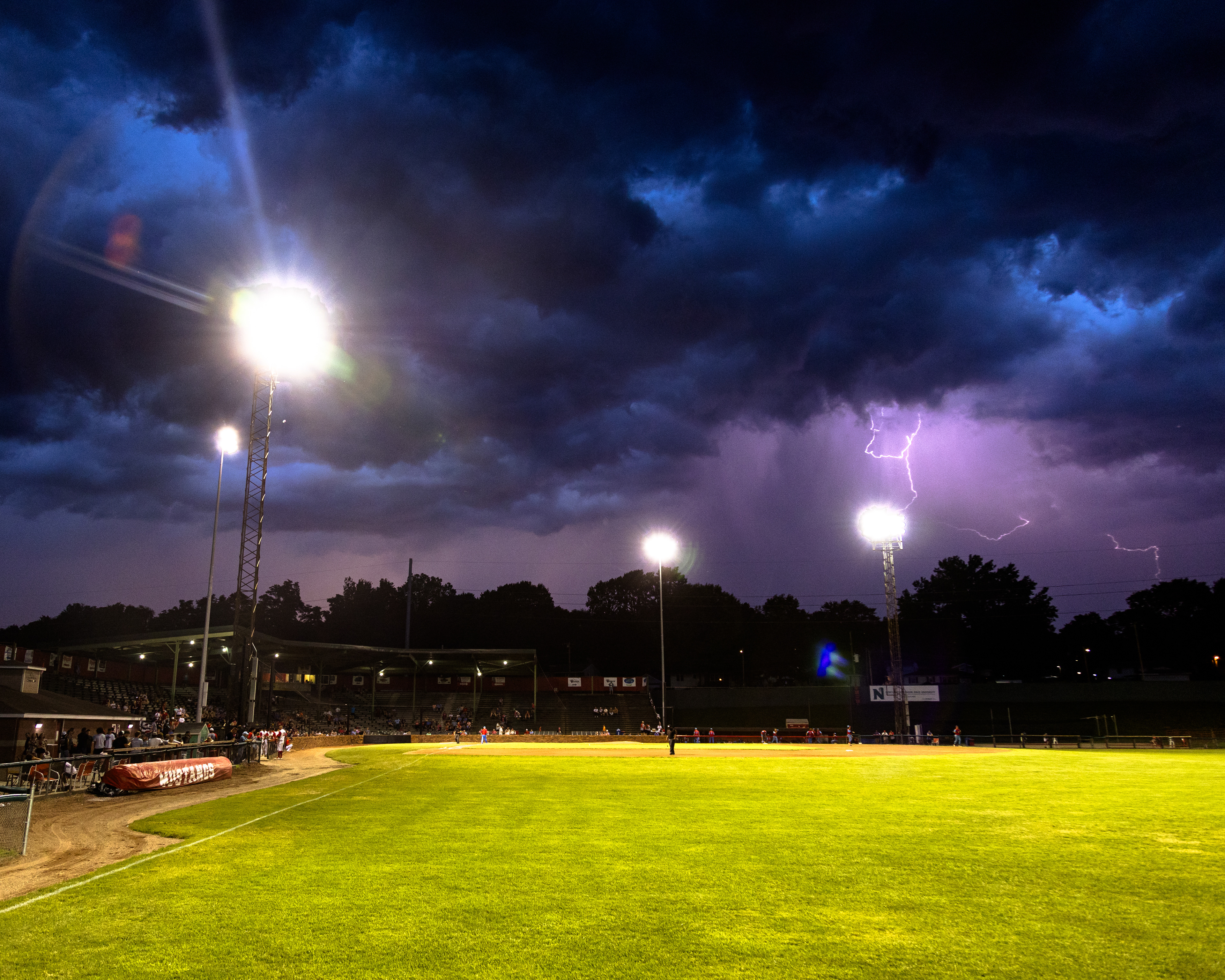 Lightning flashes at Phil Welch Stadium
