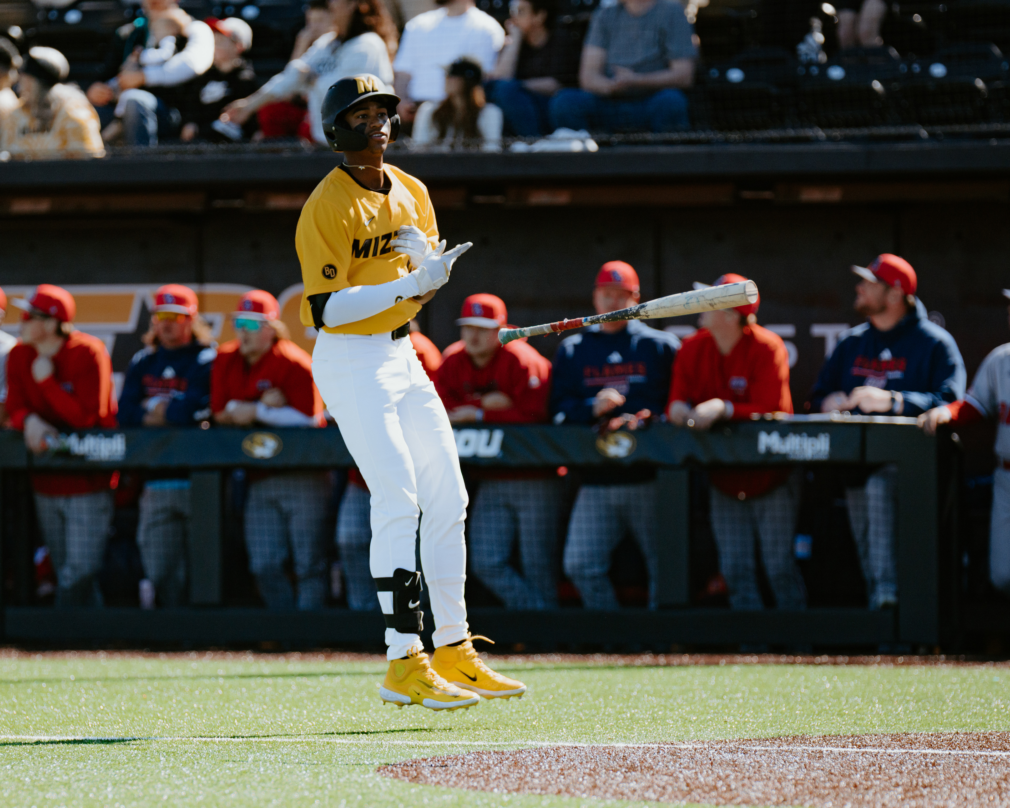 Cameron Benson flips his bat after hitting a 415-foot home run at Taylor Stadium on March 8, 2026, in Columbia, Missouri.
